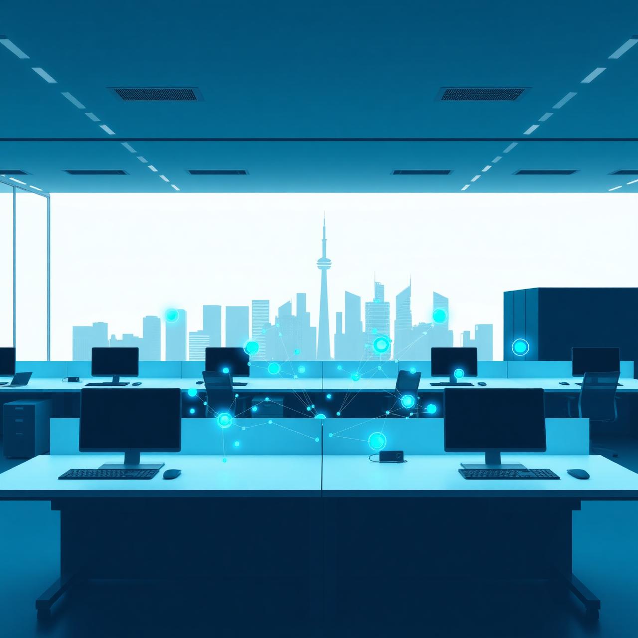 Modern Canadian technology workspace with subtle Toronto skyline